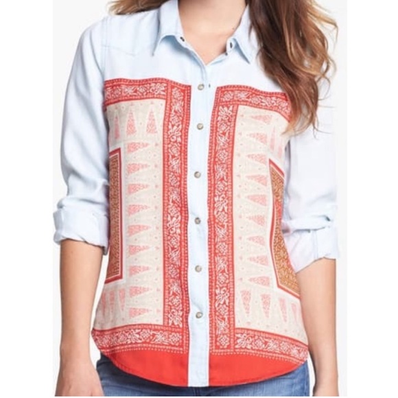 Lucky Brand Dixie Scarf Bandana Print Western Yoke Chambray Blouse w Snaps - Picture 1 of 13